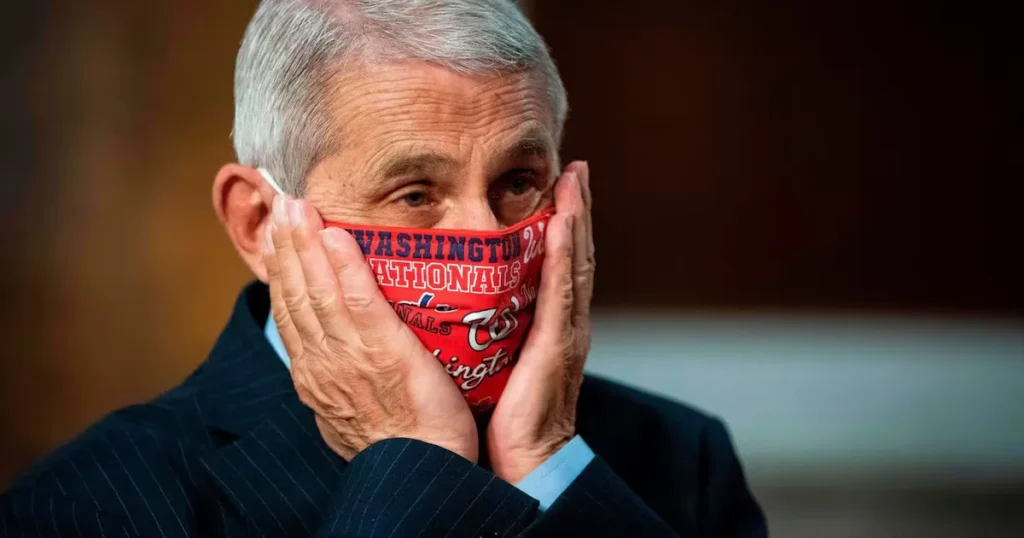 Screenshot of Fauci’s email inbox and major social‑media platform logos with “COVID‑19” overlay.