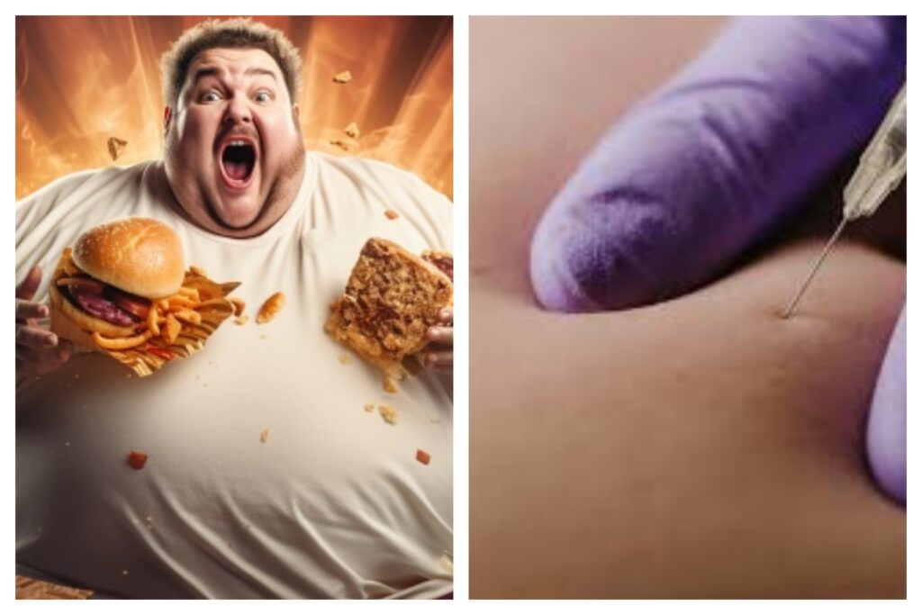 A bariatric surgery operation room contrasted with Ozempic injection image to illustrate effectiveness comparison.