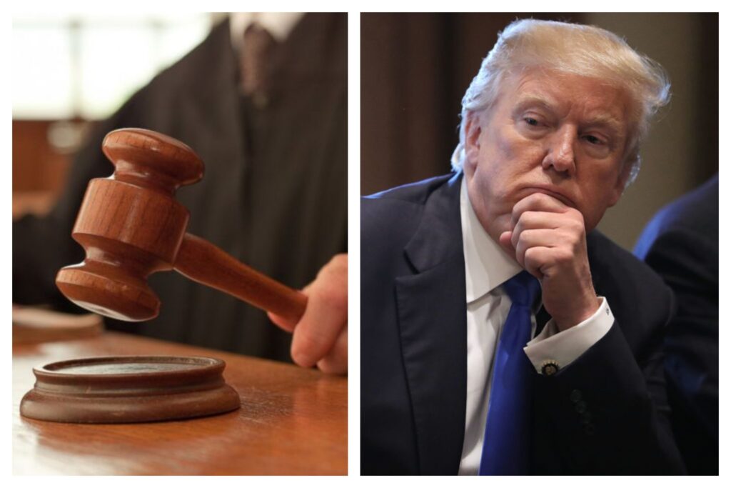 President Trump speaking at a rally with his fist raised, highlighting defiance of the courts.