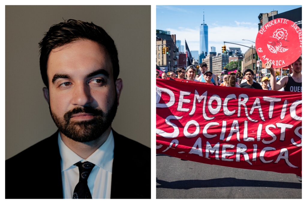 Zohran Mamdani speaking at a DSA rally in New York City”
